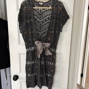 Boston Proper Charcoal Crochet Tie-Front Cardigan